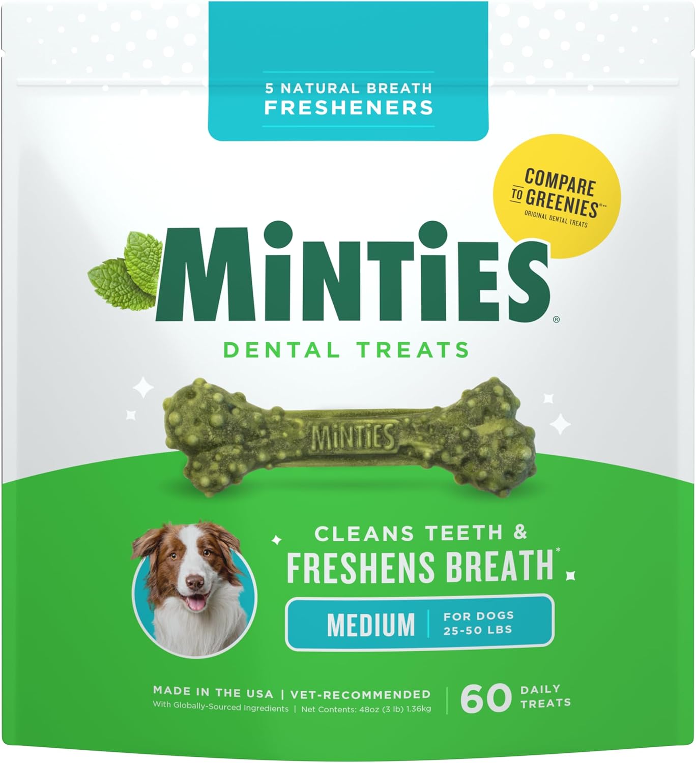 Dental Chews for Dogs, 40 Count, Vet-Recommended Mint-Flavored Dental Treats for Medium Dogs 25-50 Lbs, Dental Bones Clean Teeth, Fight Bad Breath, and Removes Plaque and Tartar