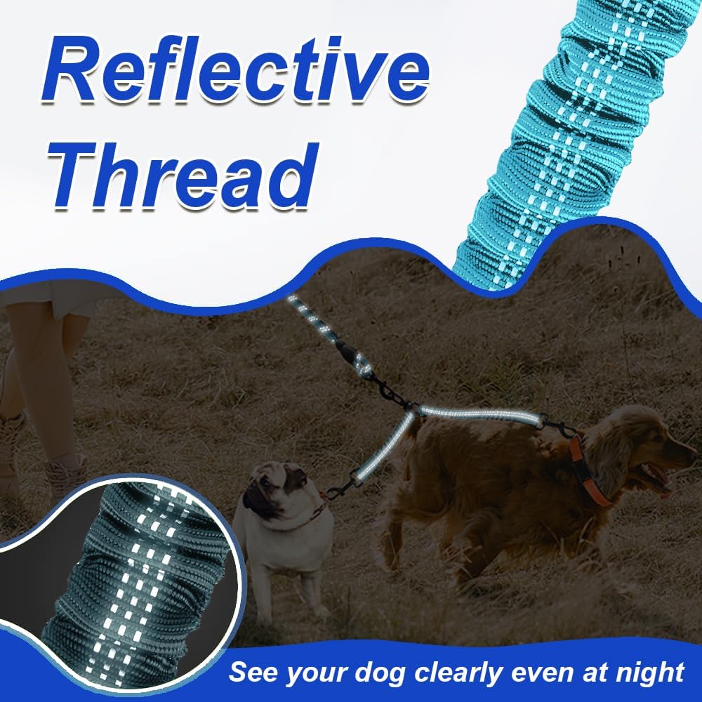 Double Dog Leash, Dual Dog Leash, 360° Swivel Tangle Free Bungee Walking Training for Large Medium Dogs, Shock Absorbing Bungee Reflective for Two Dogs, 18~123 Lbs, Blue