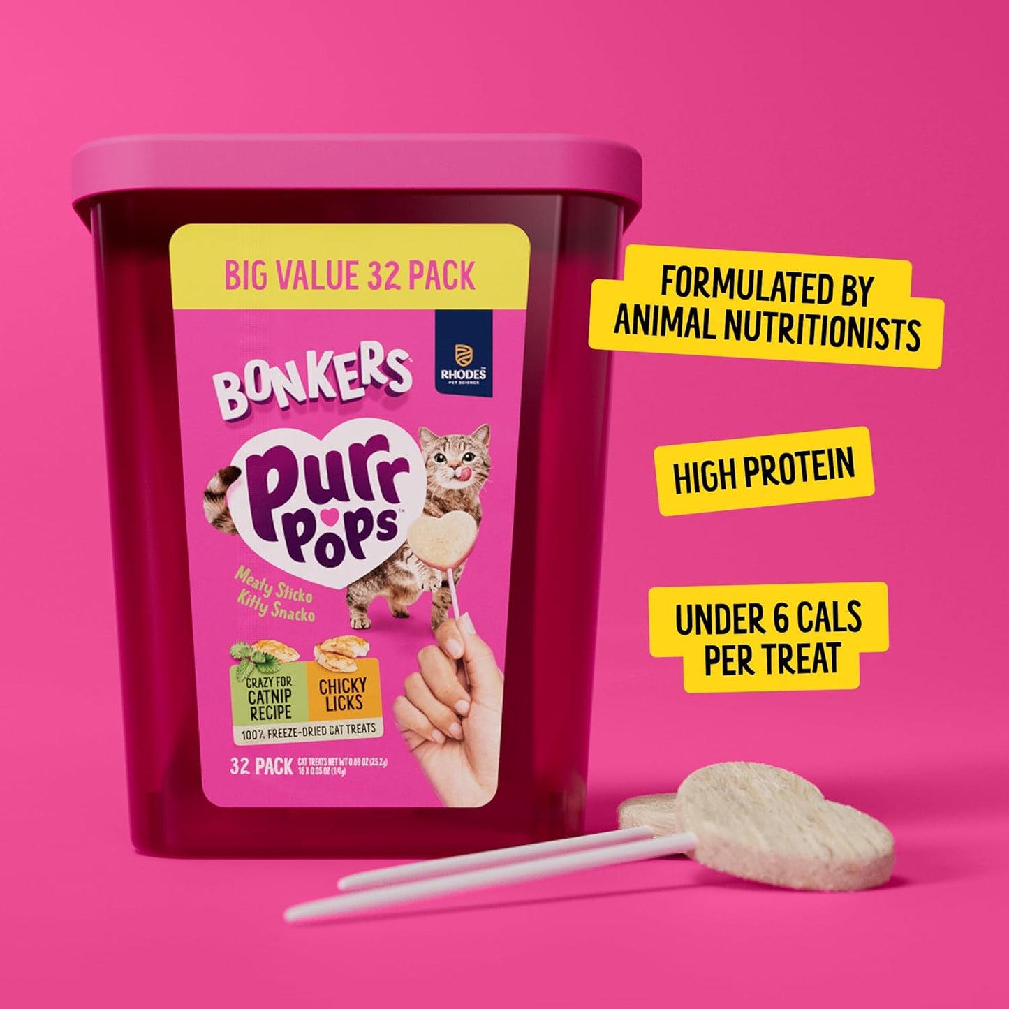 Bonkers Purrpops Freeze Dried Chicken & Catnip Flavor Lollipop Cat Treats, Healthy Single Ingredient Treats, Training Treats or Food Topper, for All Breeds and Ages, Value Pack (32 Pieces)