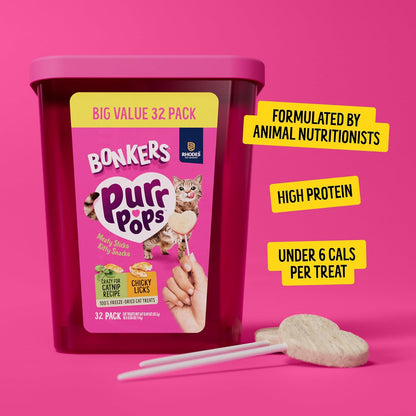 Bonkers Purrpops Freeze Dried Chicken & Catnip Flavor Lollipop Cat Treats, Healthy Single Ingredient Treats, Training Treats or Food Topper, for All Breeds and Ages, Value Pack (32 Pieces)