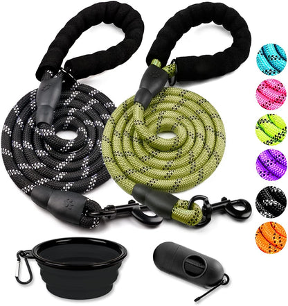 2 Pack Dog Leash 6 FT Heavy Duty - Comfortable Padded Handle - Reflective Dog Leash for Medium Large Dogs with Collapsible Pet Bowl Set 6-Black+Green
