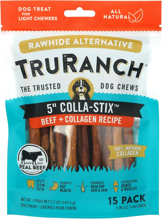 Collagen Sticks - 5" Collagen Sticks for Dogs - Long Lasting Healthy Joint Support Dog Treat - Rawhide Alternative - Skin & Coat Health - Made with Real Beef, 1 Bag, 15 Count
