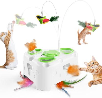 3-In-1 Automatic Cheese-Shaped Interactive Cat Toy – Flying Bird, 6-Hole Mole & Rotating Feather | USB Rechargeable Electronic Feather Toy for Indoor Adult Cats & Kittens, Relieves Boredom