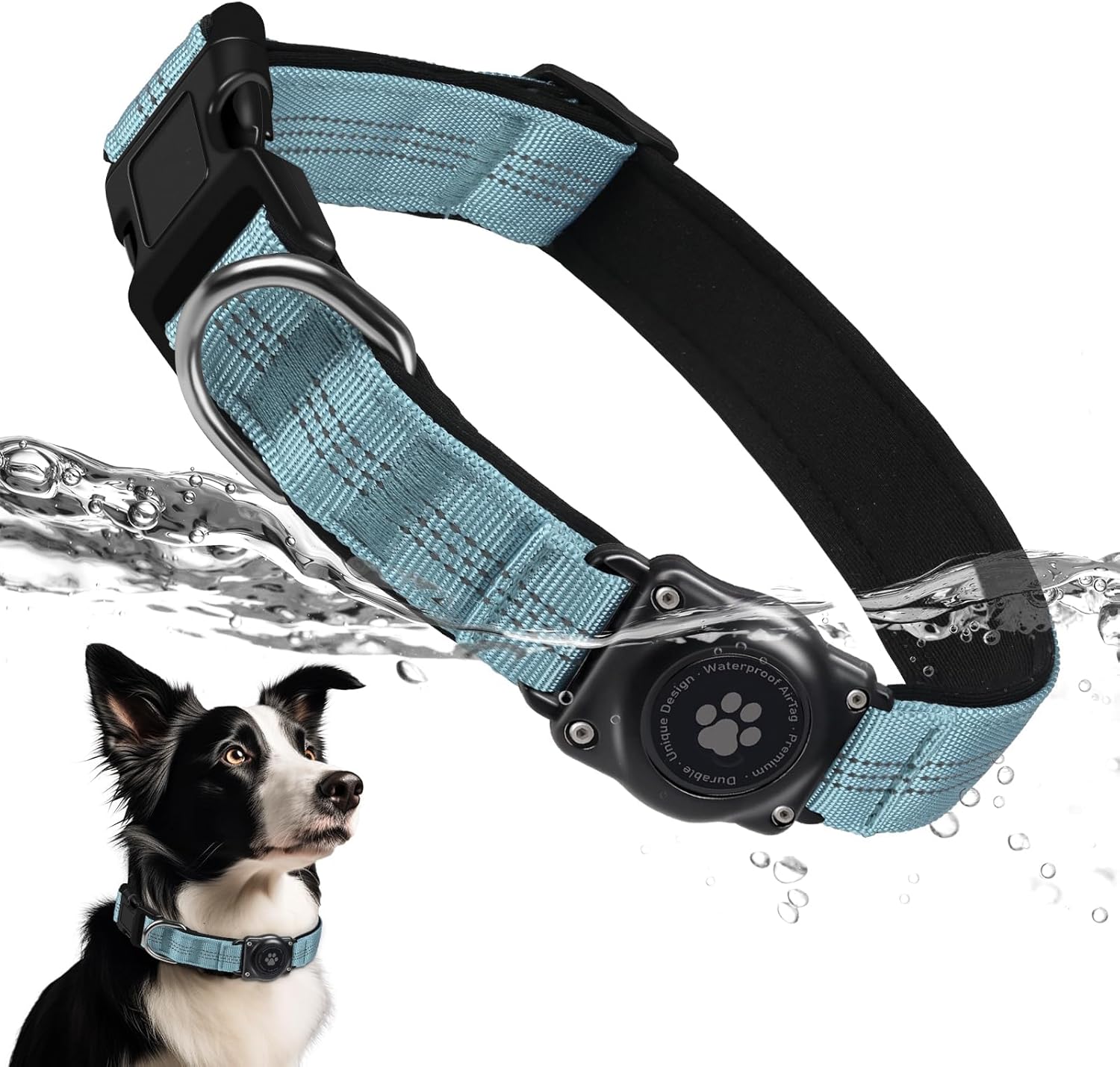 Airtag Dog Collar - 100% Waterproof Air Tag Dog Collar Holder for Apple Airtag, Reflective, Soft Padded, Everlasting, GPS Dog Collar for Small Medium Large Dogs (Teal, L)