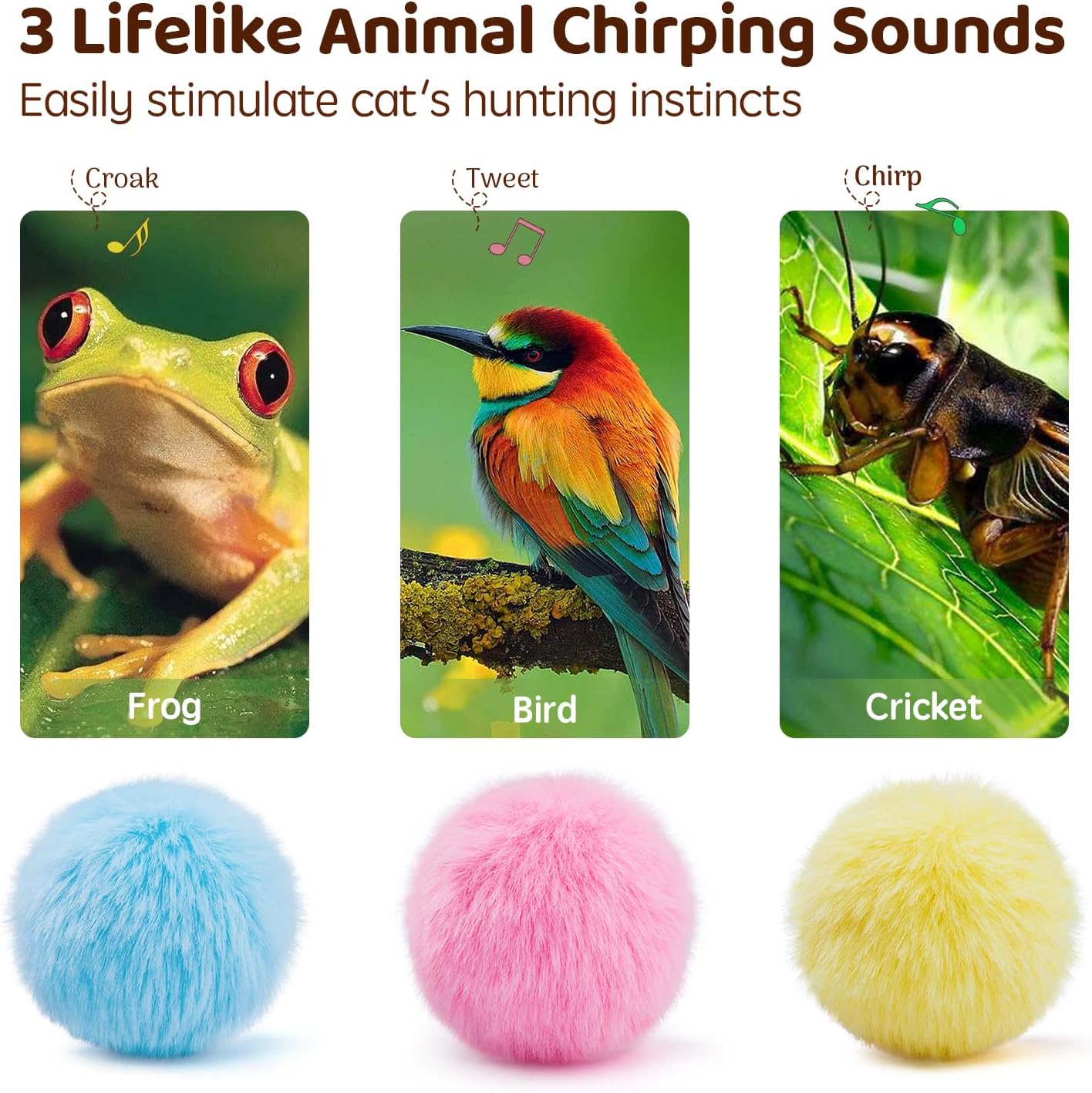 Chirping Cat Toy Balls with Silvervine Catnip, 3 Pack Fluffy Interactive Cat Kickers, 3 Lifelike Animal Sounds, Catnip Exercise Toys