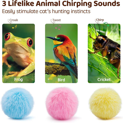 Chirping Cat Toy Balls with Silvervine Catnip, 3 Pack Fluffy Interactive Cat Kickers, 3 Lifelike Animal Sounds, Catnip Exercise Toys