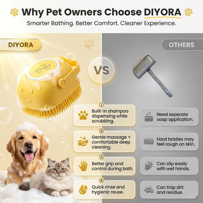 Pet Shampoo Brush, 2-In-1 Silicone Bath Brush with Soap Dispenser for Dogs & Cats