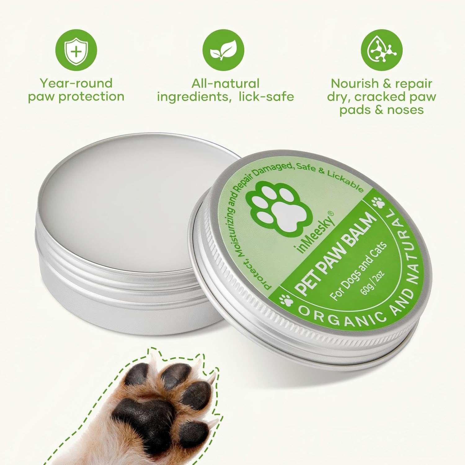 Dog Paw Balm & Nose Balm, Lick-Safe | All-Natural Moisturizer with Organic Coconut Oil | Quickly Nourishes and Repairs Dry, Cracked Paws (2.0Oz)