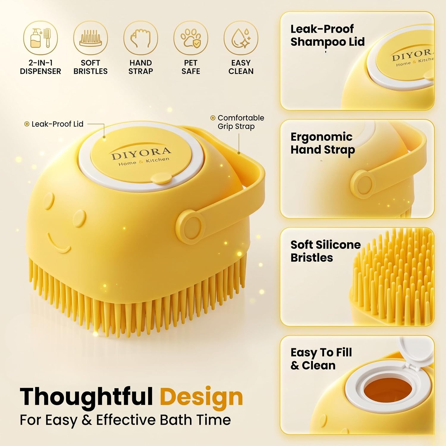 Pet Shampoo Brush, 2-In-1 Silicone Bath Brush with Soap Dispenser for Dogs & Cats