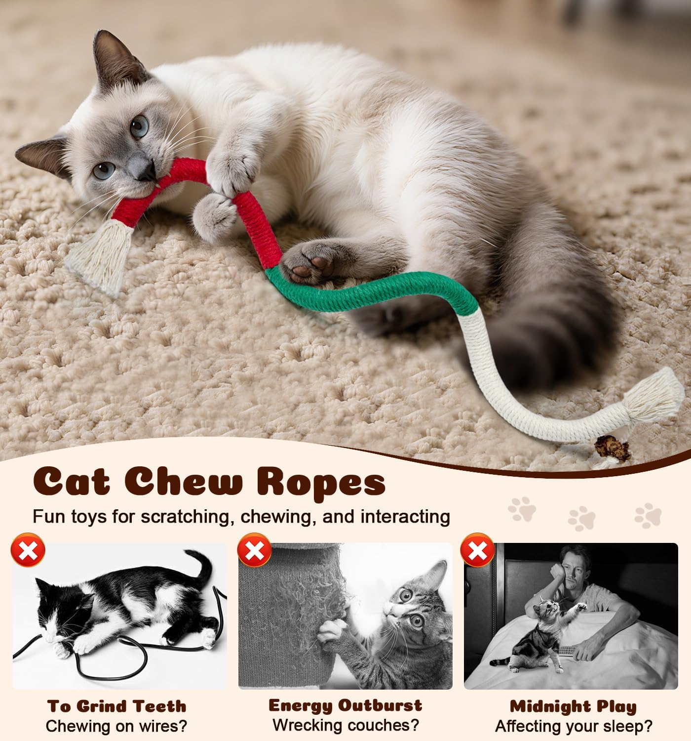 Cat Chew Ropes 4Pcs, Cat Toys for Indoor Cats with Refillable Natural Catnip, Safe Teeth Cleaning Chew Toys(19.5 Inches)