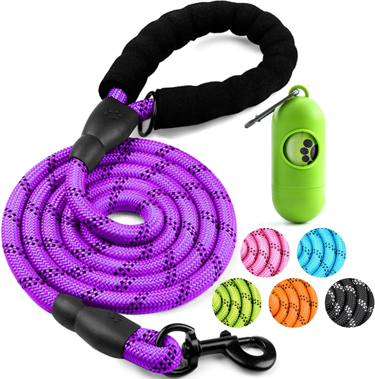 Dog Leash 6 FT Heavy Duty - Comfortable Padded Handle - 1/2 Inch Reflective Dog Leash for Medium Large Dogs with Poo Bag Dispenser