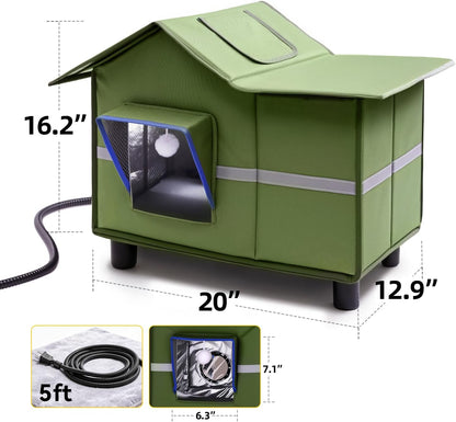 Heated Cat Shelter for Outside, Large Outdoor Cat House with Roof Window and Cozy Cushion, Weatherproof Foldable and Easy Assembly Design