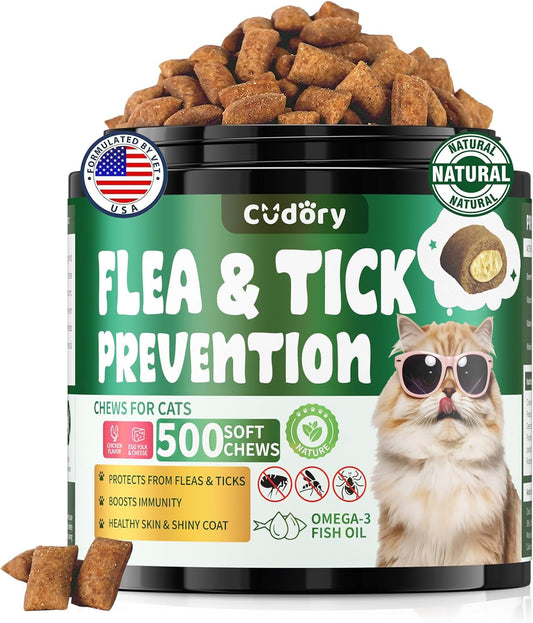 Flea and Tick Prevention for Cats – 500 Crunchy & Creamy Chews, Cat Flea Chewables with Skin & Coat Support – Oral Supplement for All Breeds & Ages – Natural Chicken Flavor