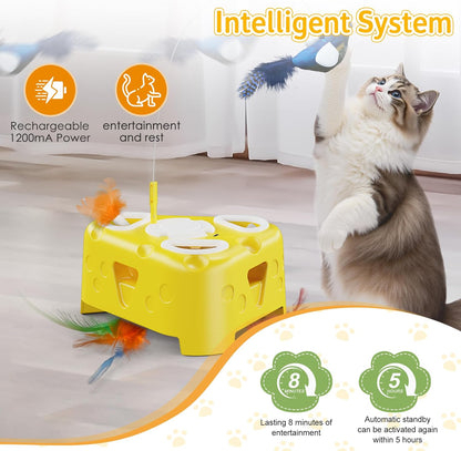 3-In-1 Automatic Cheese-Shaped Interactive Cat Toy – Flying Bird, 6-Hole Mole & Rotating Feather | USB Rechargeable Electronic Feather Toy for Indoor Adult Cats & Kittens, Relieves Boredom