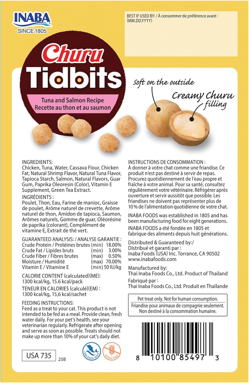 Churu Tidbits for Cats, Soft & Chewy Churu Filled, Baked Chicken Cat Treats with Taurine & Green Tea Extract, 0.42Oz per Pack, 8 Packs Total, Tuna & Salmon Recipe