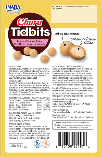 Churu Tidbits for Cats, Soft & Chewy Churu Filled, Baked Chicken Cat Treats with Taurine & Green Tea Extract, 0.42Oz per Pack, 8 Packs Total, Tuna & Salmon Recipe