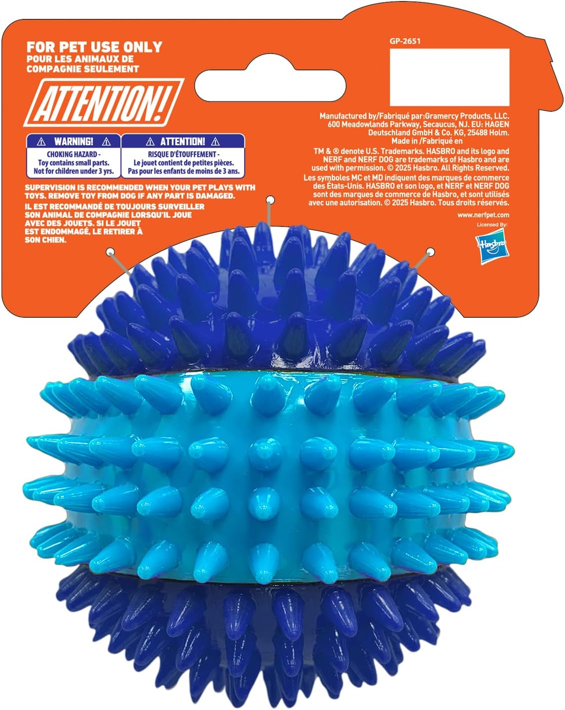Nerf Dog 3.7In TPR 3-Part Spike Squeak Ball Dog Toy - Dark Blue/Light Blue