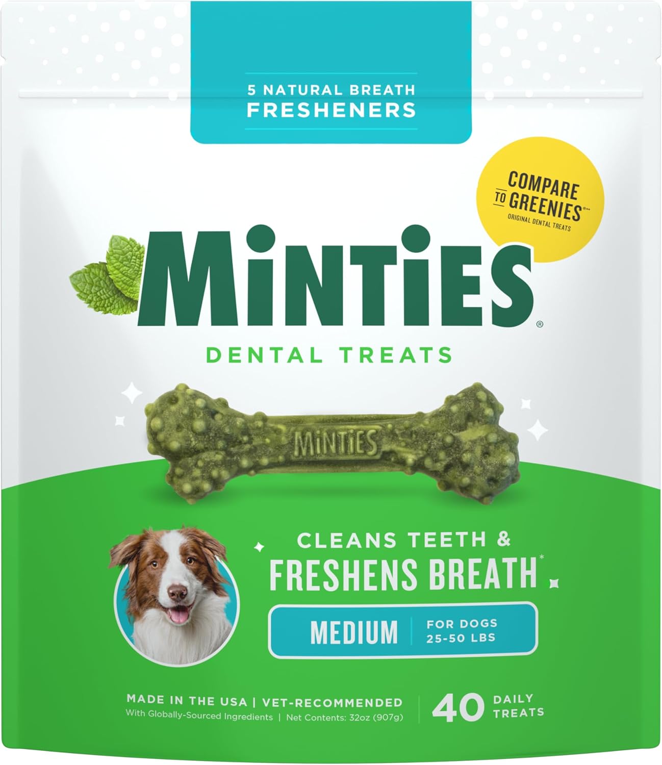 Dental Chews for Dogs, 40 Count, Vet-Recommended Mint-Flavored Dental Treats for Medium Dogs 25-50 Lbs, Dental Bones Clean Teeth, Fight Bad Breath, and Removes Plaque and Tartar