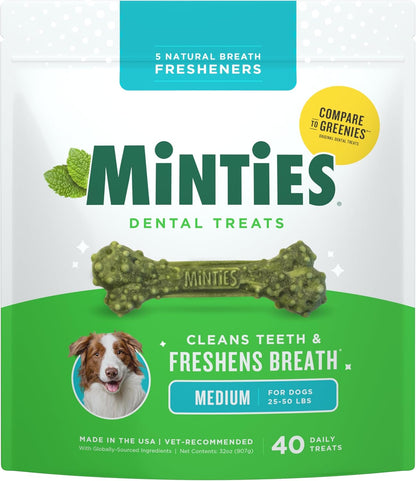 Dental Chews for Dogs, 40 Count, Vet-Recommended Mint-Flavored Dental Treats for Medium Dogs 25-50 Lbs, Dental Bones Clean Teeth, Fight Bad Breath, and Removes Plaque and Tartar
