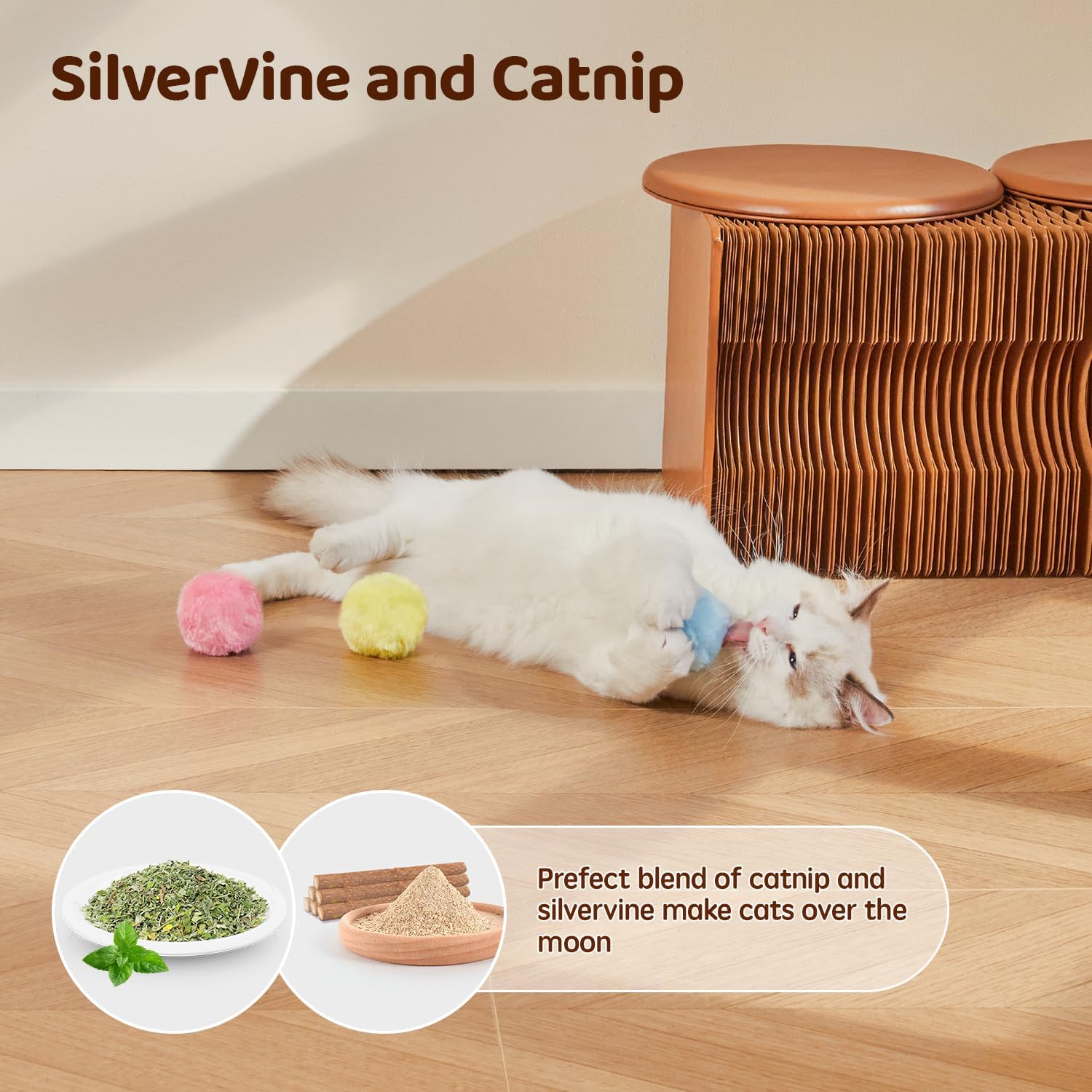 Chirping Cat Toy Balls with Silvervine Catnip, 3 Pack Fluffy Interactive Cat Kickers, 3 Lifelike Animal Sounds, Catnip Exercise Toys