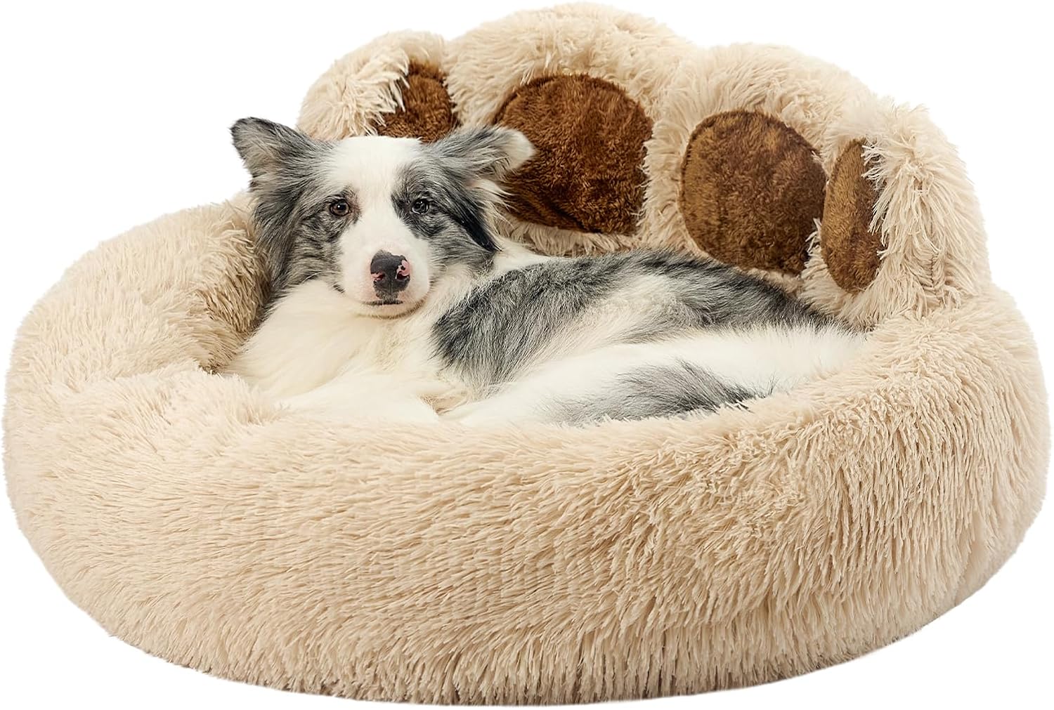 Paw Shape Calming Pet Bed, Plush Faux Fur Donut Bed for Dogs & Cats, Machine Washable, Non-Slip Bottom, Medium (22"×22"×6"), Gray