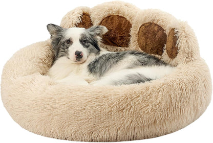 Paw Shape Calming Pet Bed, Plush Faux Fur Donut Bed for Dogs & Cats, Machine Washable, Non-Slip Bottom, Medium (22"×22"×6"), Gray