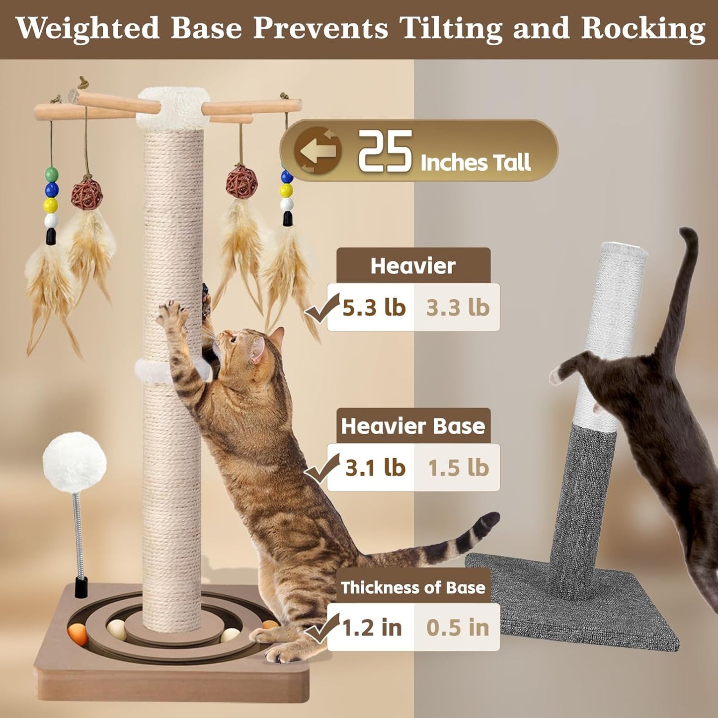 Cat Scratching Post, Sisal, Interactive Furniture Toys for Indoor Cats Adults, 2 Mounting Methods Scratcher Tree Tower with Hanging and Ball Track