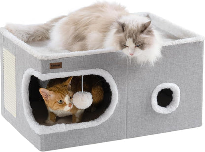 Cat Bed for Indoor Cats Cube House, Covered Cat Cave Beds & Furniture with Scratch Pad and Hideaway Tent, Cute Modern Cat Condo for Multi Small Pet Large Kitten Kitty, Green