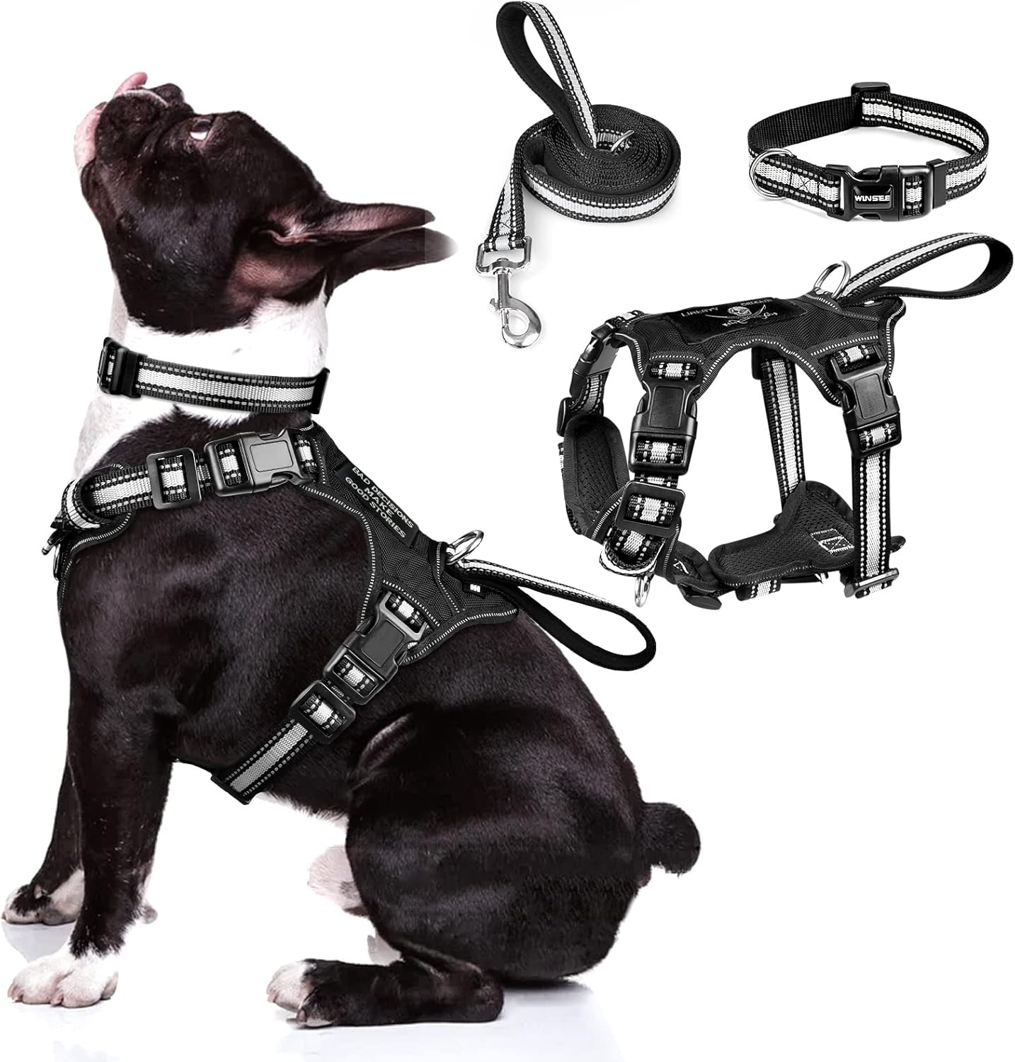 Pet Harness Collar and Leash Set, All-In-One Reflective Dog Harness No Pull with Adjustable Buckles, Small, Medium, Large, and Extra-Large Dogs (Black)