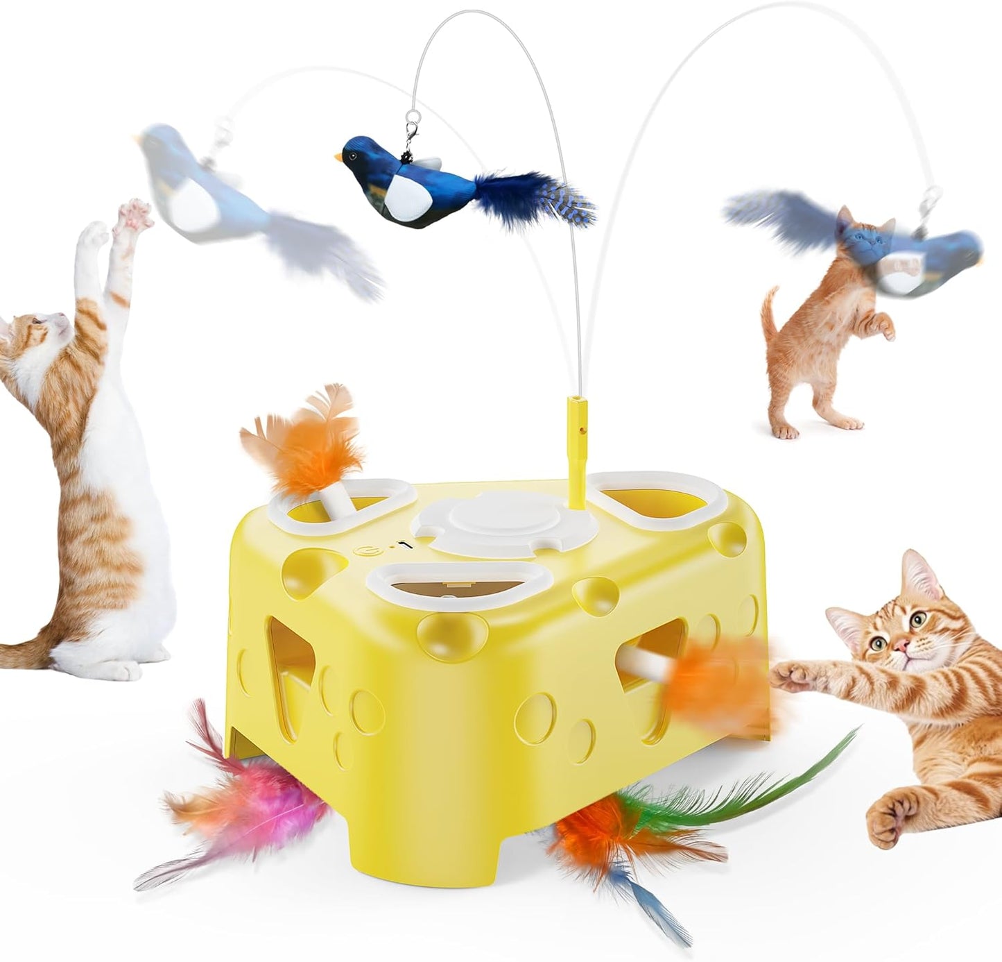 3-In-1 Automatic Cheese-Shaped Interactive Cat Toy – Flying Bird, 6-Hole Mole & Rotating Feather | USB Rechargeable Electronic Feather Toy for Indoor Adult Cats & Kittens, Relieves Boredom