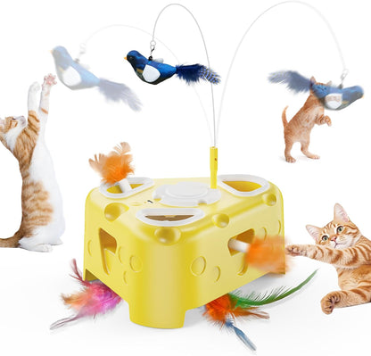 3-In-1 Automatic Cheese-Shaped Interactive Cat Toy – Flying Bird, 6-Hole Mole & Rotating Feather | USB Rechargeable Electronic Feather Toy for Indoor Adult Cats & Kittens, Relieves Boredom