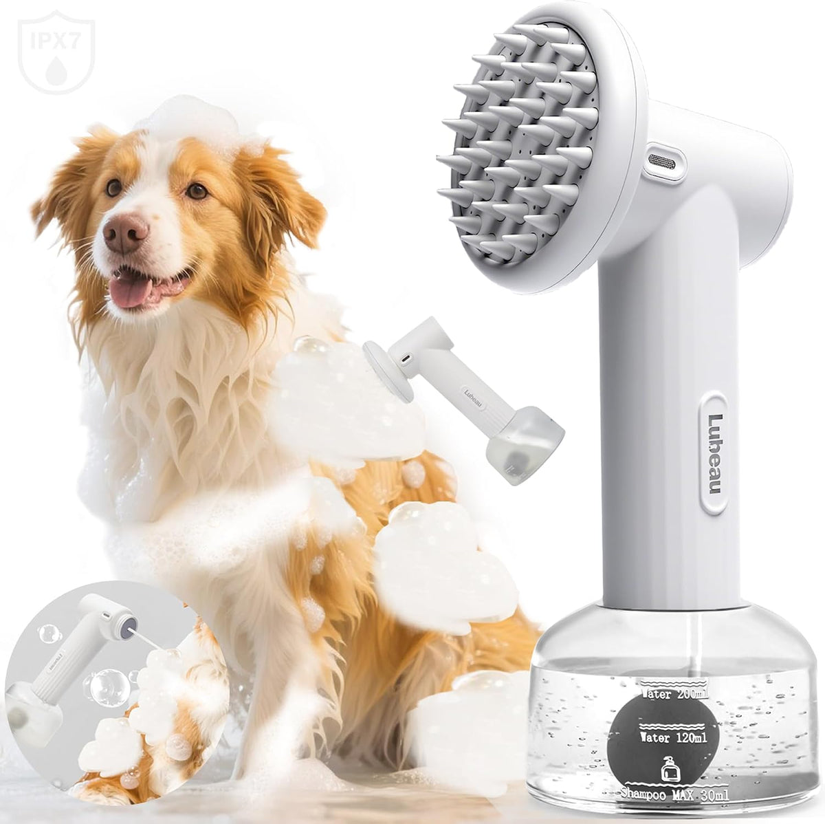 Rechargeable Foaming Dog Shampoo Dispenser with Brush for Bathing, Soft Brush, Massaging and Grooming, Bubble/Spray Mode