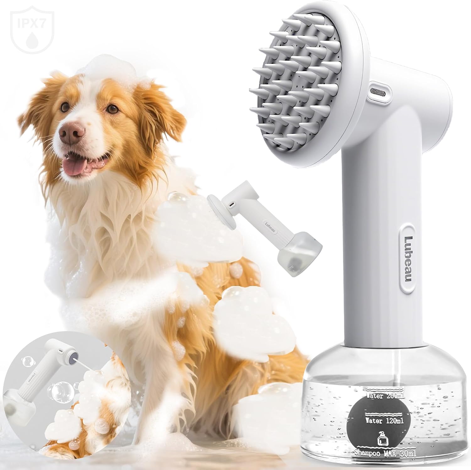 Rechargeable Foaming Dog Shampoo Dispenser with Brush for Bathing, Soft Brush, Massaging and Grooming, Bubble/Spray Mode