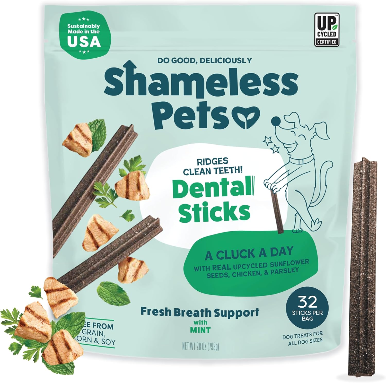 Dental Treats for Dogs, a Cluck a Day (32 Sticks) - Supports Digestion for Teeth Cleaning & Fresh Breath - Dog Bones Dental Chews Free from Grain, Corn & Soy