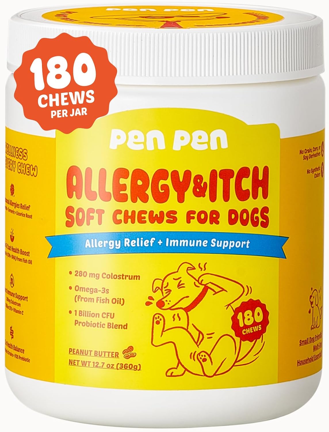 Dog Allergy Chews - Anti-Itch & Itchy Skin Support for Dogs, Probiotics & Omega 3 (Fish Oil) for Immune & Gut Health - Peanut Butter Flavor - 180 Soft Chews