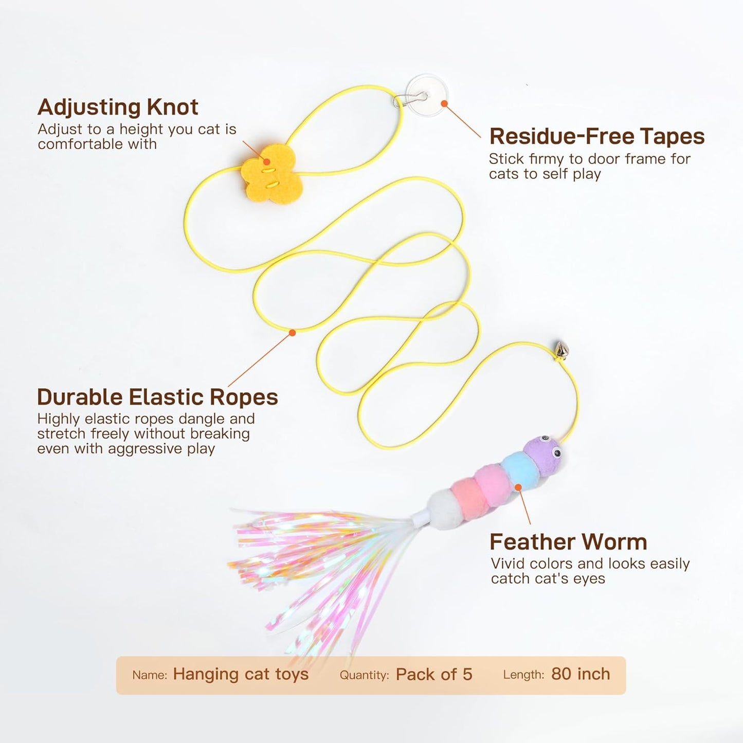 Interactive Cat Feather Toy 5 Pcs, Cat Teaser Retractable Hanging Indoor Kitten Play Chase Exercise, Mental Physical Stimulation for All Breeds and Species
