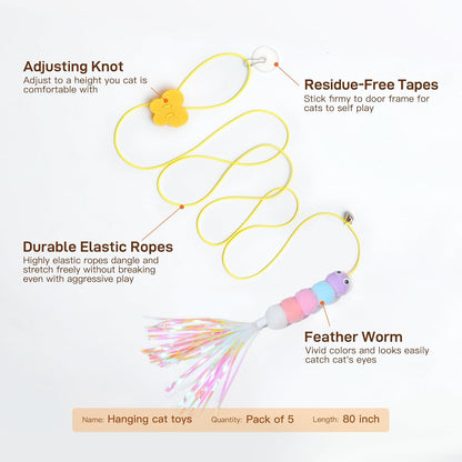 Interactive Cat Feather Toy 5 Pcs, Cat Teaser Retractable Hanging Indoor Kitten Play Chase Exercise, Mental Physical Stimulation for All Breeds and Species