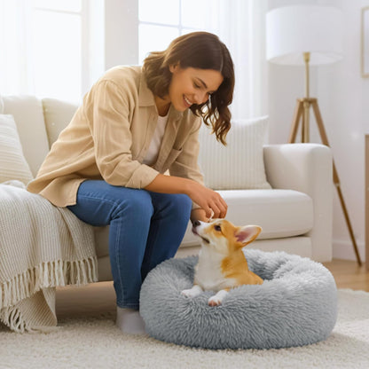 Calming Anti-Anxiety Donuts Dog and Cat Bed, round Fluffy Soft Washable Small Medium Pet Bed for Puppy and Kitten, Cuddler Warming Comfortable Cushion, Luxury Anti-Slip Waterproof Base 20In Gray