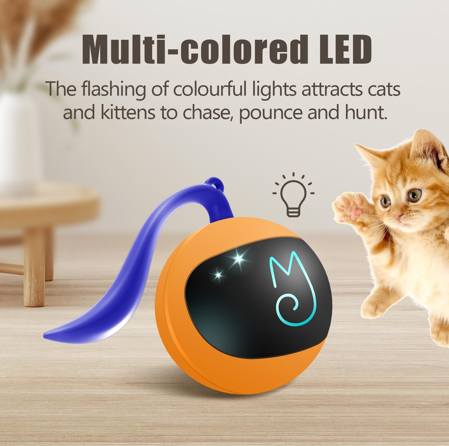 Interactive Cat Ball Toy Set, Fun Tracker, Automatic Rolling Chase Ball with Fluffy Tail, a Small Mice, Rechargeable 