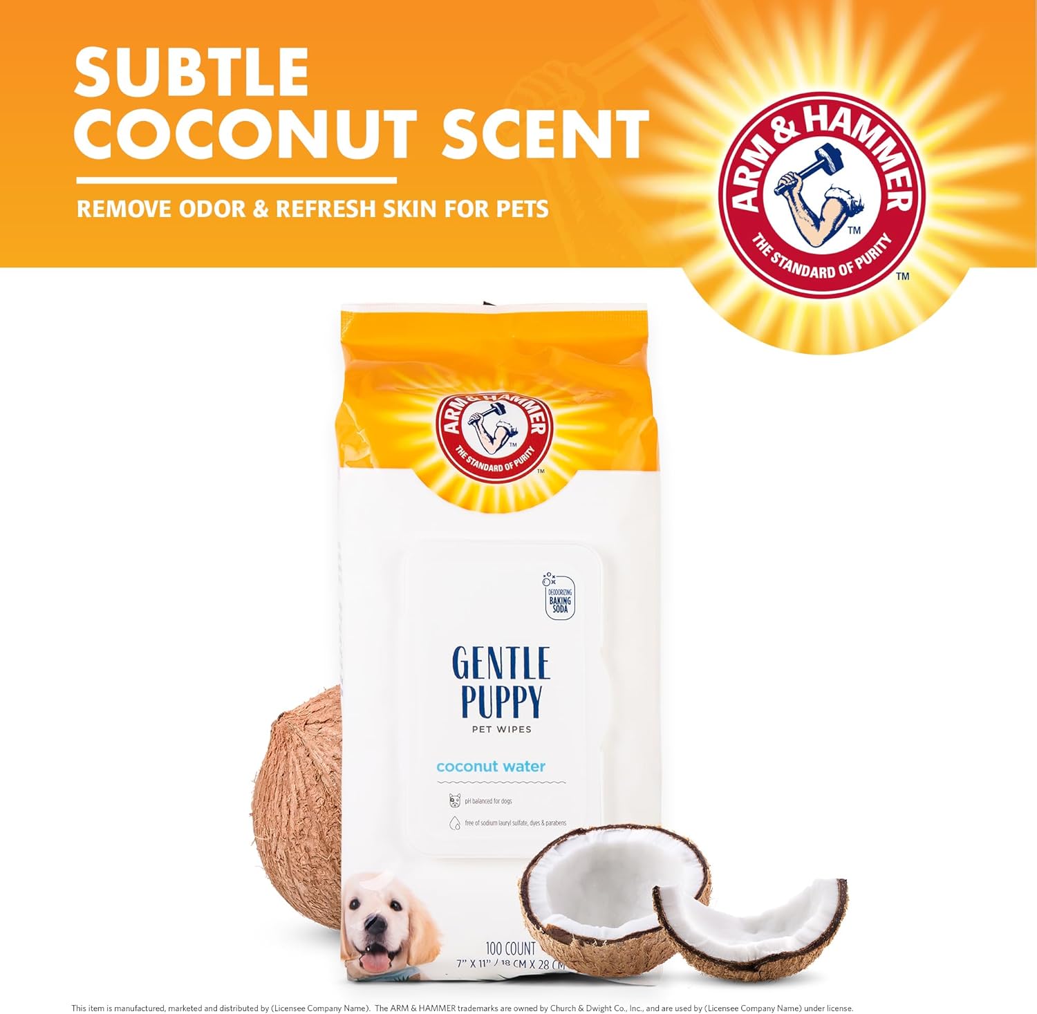 Arm & Hammer Dog Grooming Wipes, Deodorizing Dog Cleaning Wipes with Coconut Water, Gentle for Dogs and Puppies, Paraben and Sulfate Free Formula, Light Coconut Scent, 100 Count
