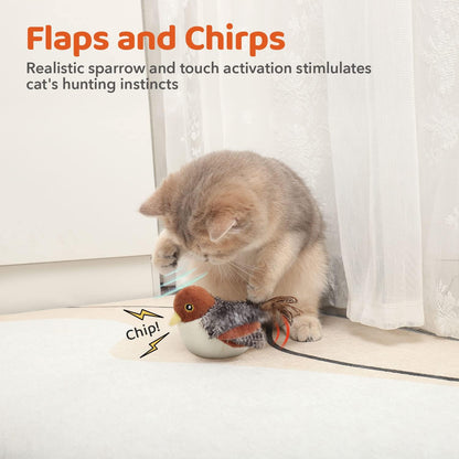 Cat Toys Rechargeable Flapping Bird Sparrow, Lifelike Chirp Tweet, Touch Activated Cat Toy, Catnip Toy 