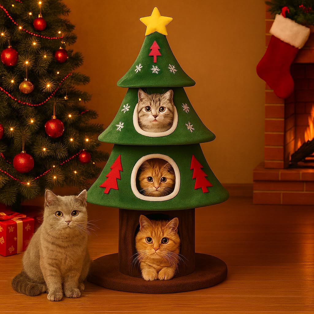 55" Christmas Cat Tree with 3 Cozy Houses Indoor Holiday Pet Tower with Anti-Tip Kit and Toy Balls,Decoration Climbing Furniture for Cats to Play and Sleep