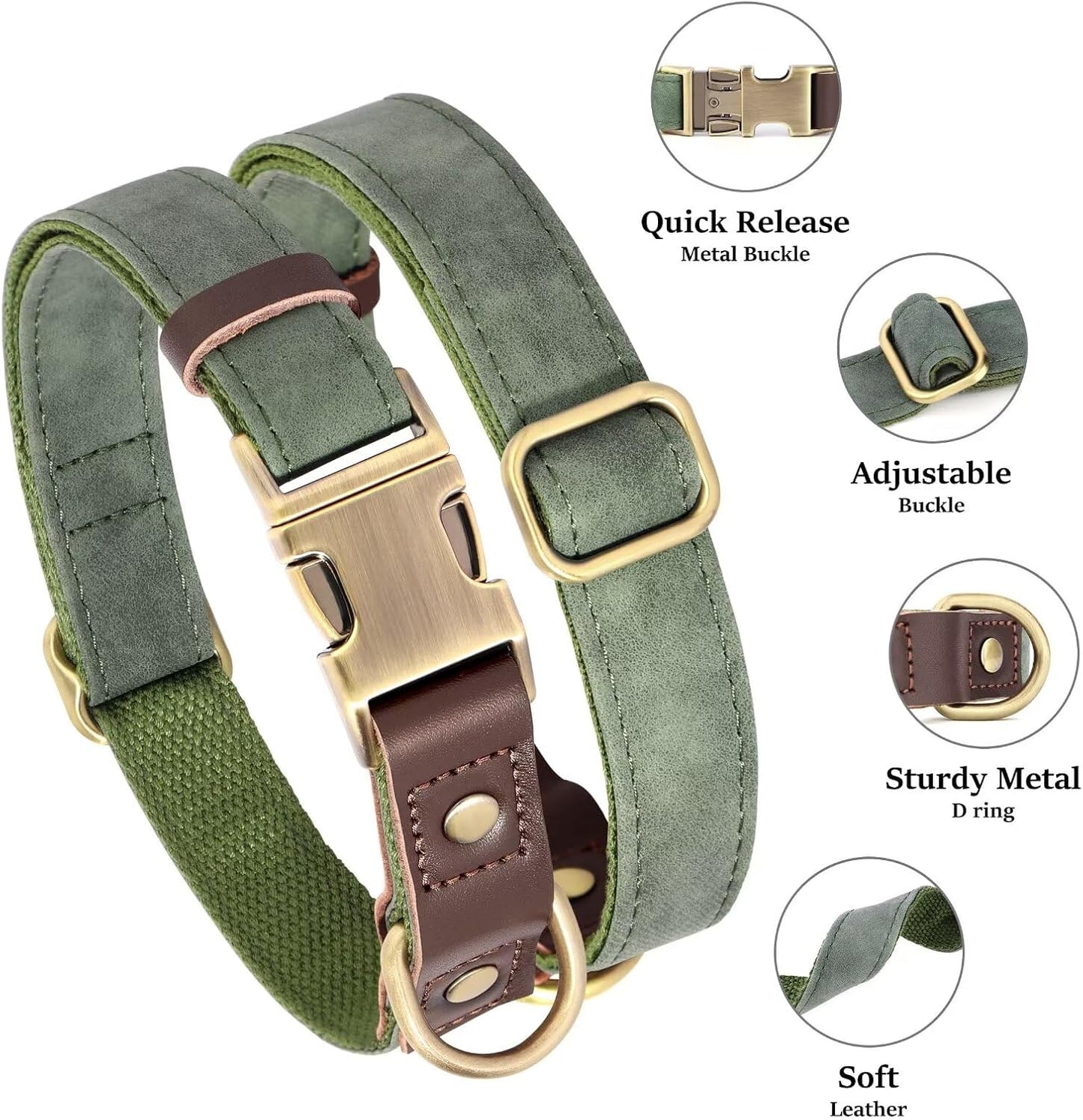 Soft PU Leather Dog Collars for Medium Dogs,Classic Adjustable Dog Collars with Quick Release Metal Buckle,Easy Clean and Comfortable with Nylon Lining,Green,M Neck 13-19"
