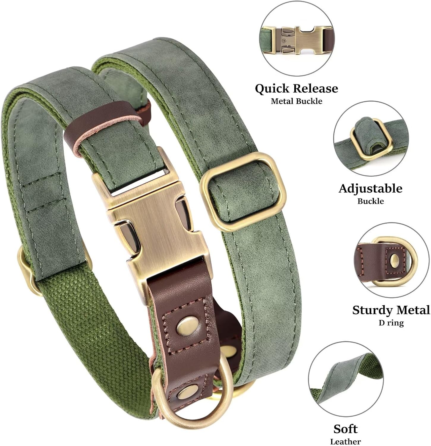 Soft PU Leather Dog Collars for Medium Dogs,Classic Adjustable Dog Collars with Quick Release Metal Buckle,Easy Clean and Comfortable with Nylon Lining,Green,M Neck 13-19"