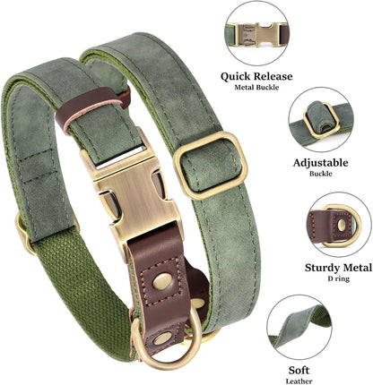 Soft PU Leather Dog Collars for Medium Dogs,Classic Adjustable Dog Collars with Quick Release Metal Buckle,Easy Clean and Comfortable with Nylon Lining,Green,M Neck 13-19"