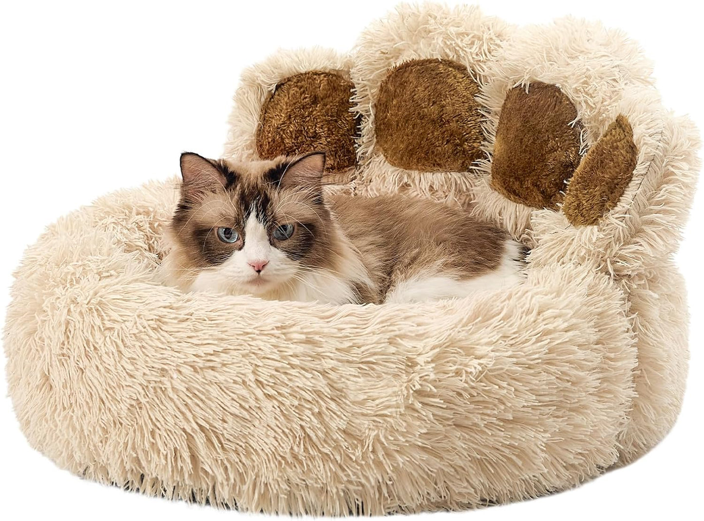 Paw Shape Calming Pet Bed, Plush Faux Fur Donut Bed for Dogs & Cats, Machine Washable, Non-Slip Bottom, Medium (22"×22"×6"), Gray