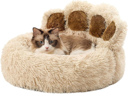 Paw Shape Calming Pet Bed, Plush Faux Fur Donut Bed for Dogs & Cats, Machine Washable, Non-Slip Bottom, Medium (22"×22"×6"), Gray