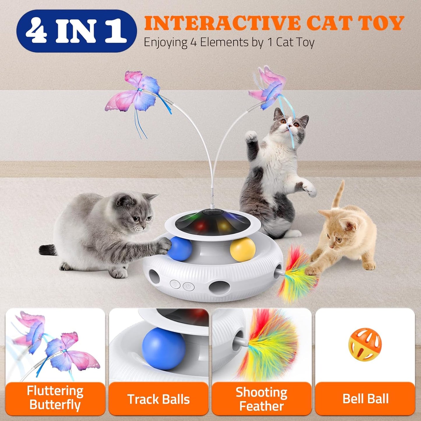 Interactive Cat Toy, 4 in 1 Automatic Interactive Kitten Toys for Indoor Cats Rechargeable with Fluttering Butterfly, Track Balls and Ambush Feather