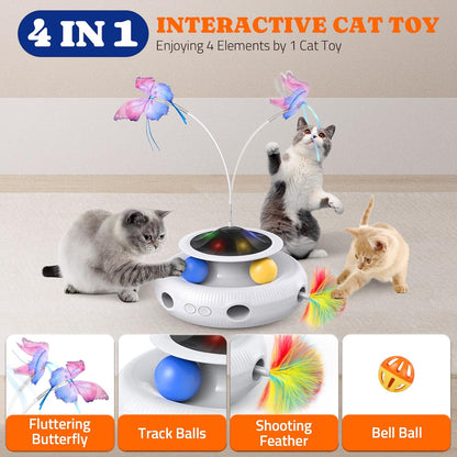 Interactive Cat Toy, 4 in 1 Automatic Interactive Kitten Toys for Indoor Cats Rechargeable with Fluttering Butterfly, Track Balls and Ambush Feather