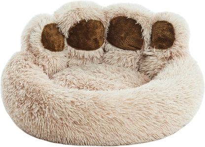 Paw Shape Calming Pet Bed, Plush Faux Fur Donut Bed for Dogs & Cats, Machine Washable, Non-Slip Bottom, Medium (22"×22"×6"), Gray
